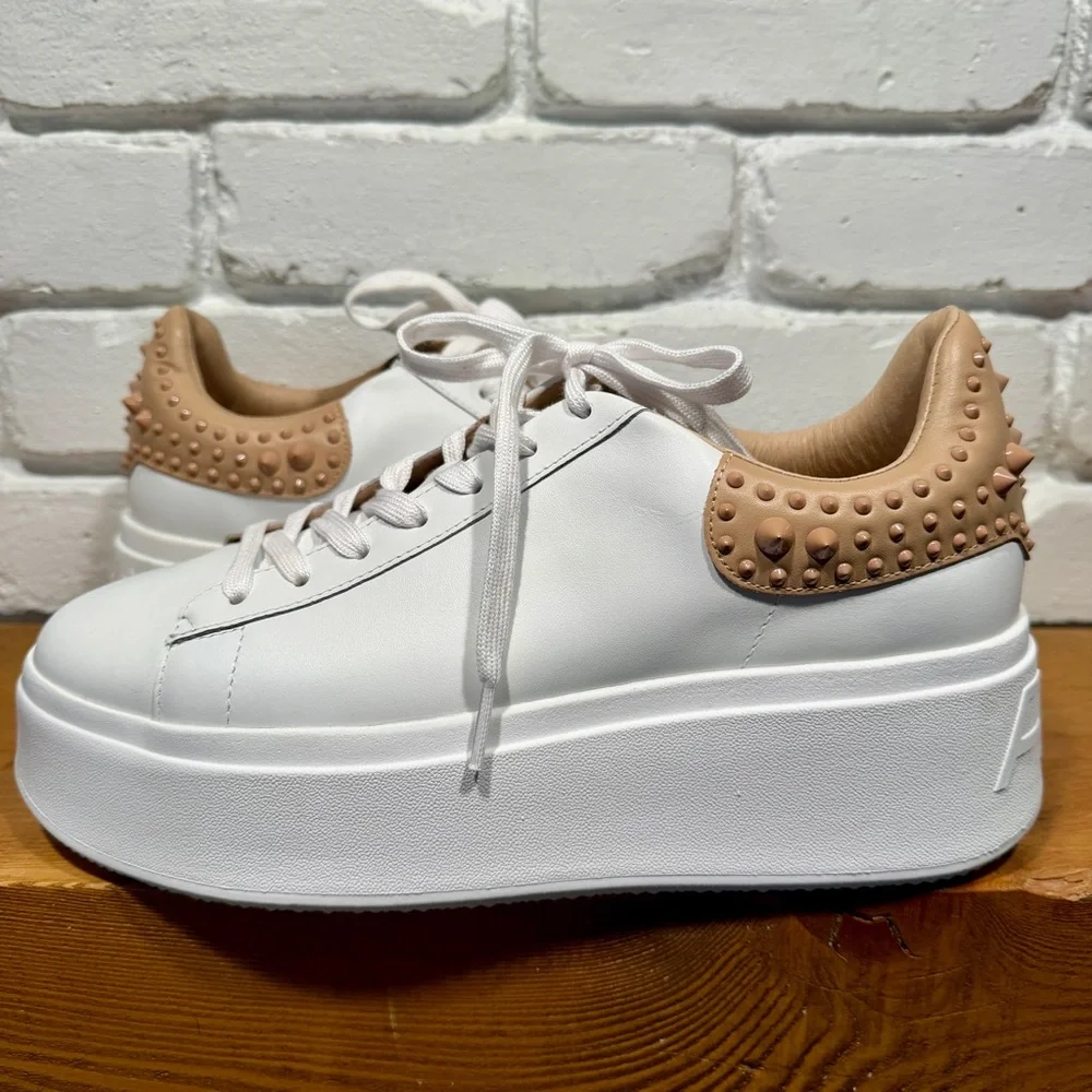 ASH Platform Sneakers White Leather NUDE Studded Heel Size 40 Luxury Chunky NIB - Picture 6 of 15